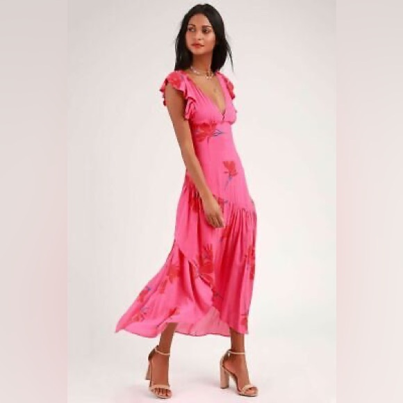 🌺 Free People She's A Waterfall High/Low Maxi Dress in Hibiscus Pink Floral, 8 - Picture 4 of 9